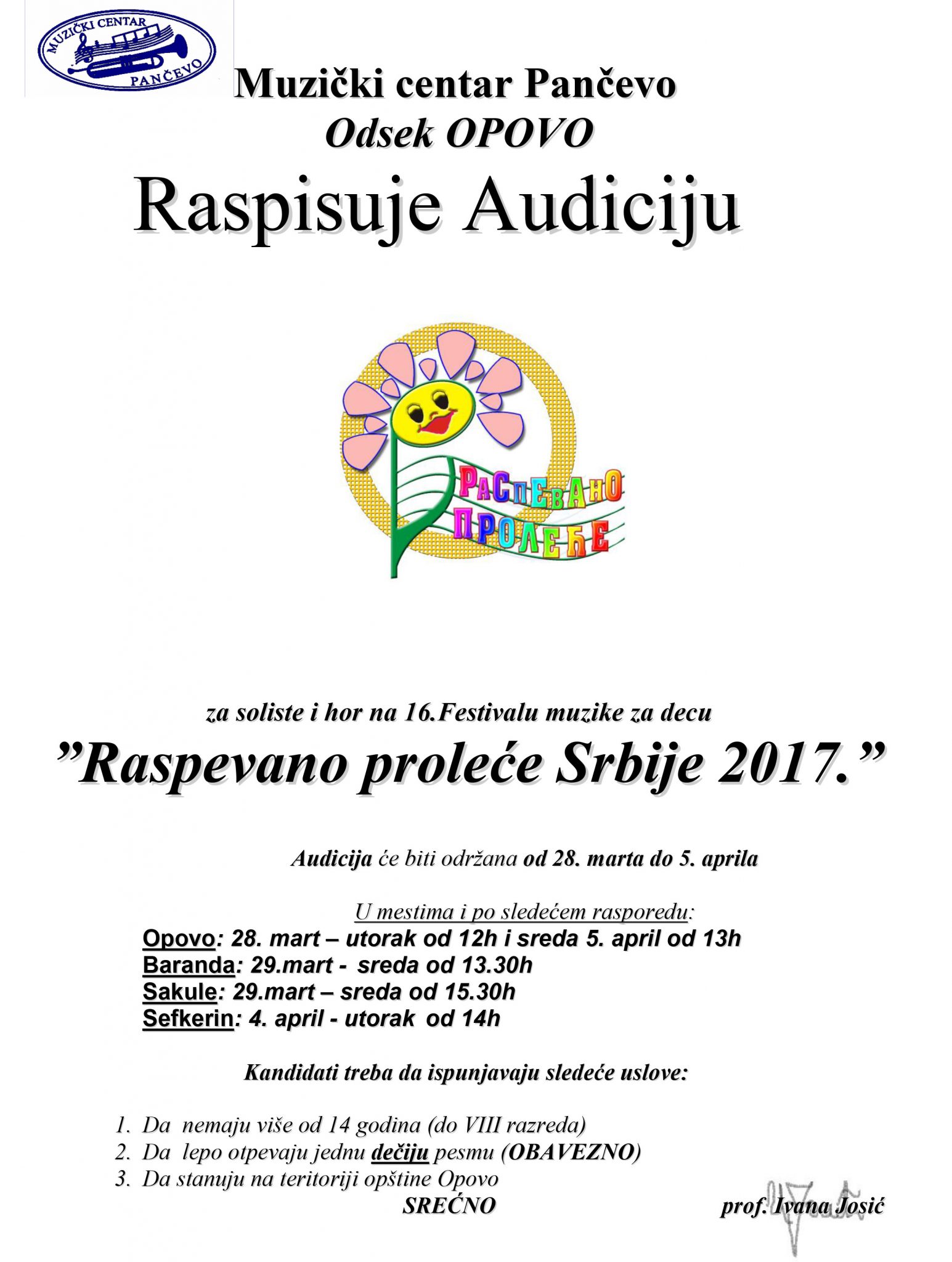 Festival ” Raspevano proleće Srbije 2017″: POZIV NA AUDICIJU I TERMINI