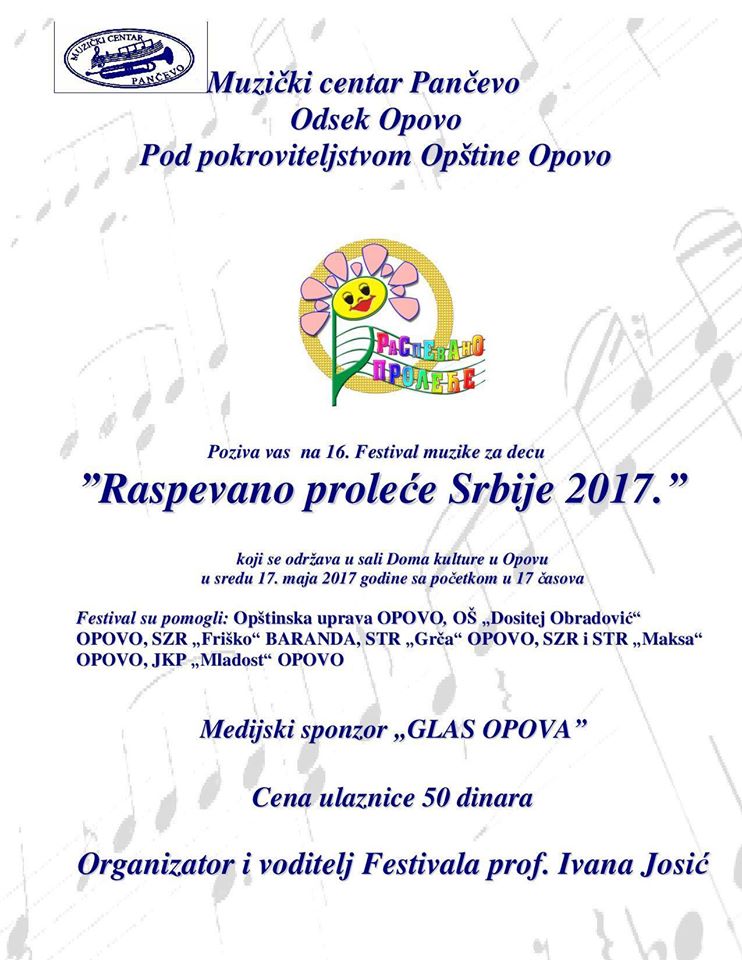 Raspevano proleće Srbije 2017:  FESTIVAL MUZIKE ZA DECU PO PETI PUT U OPOVU