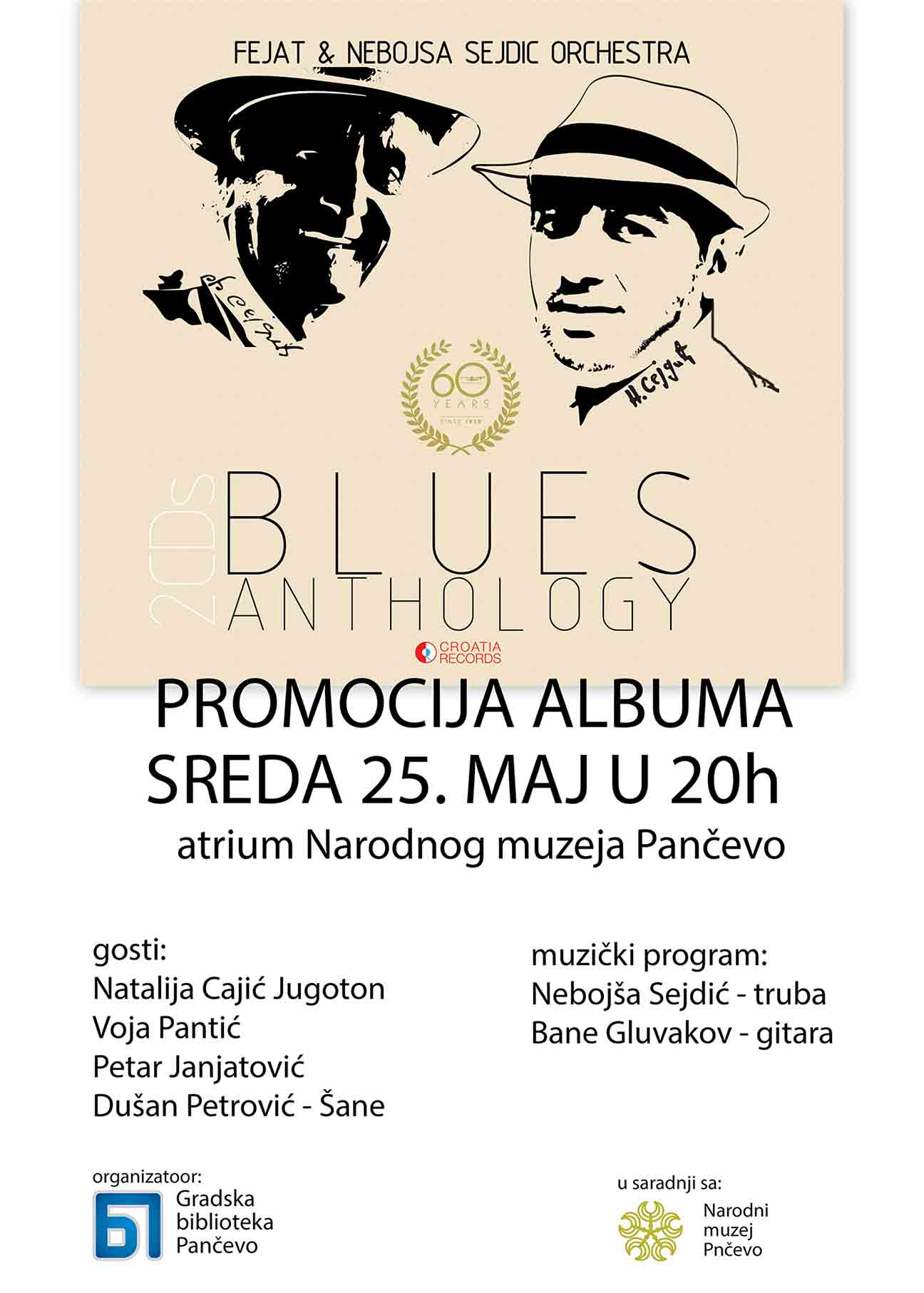 Narodni muzej Pančevo: Promocija dvostrukog diska “Blues Anthology” Orkestra Fejata i Nebojše Sejdića u izdanju Jugotona.