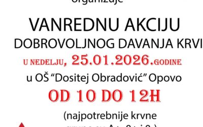 U nedelju vanredna akcija dobrovoljnog davanja krvi u Opovu